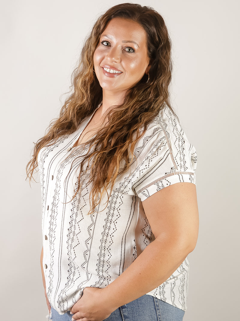 Curvy White with Black Geo Print Short Sleeve Blouse