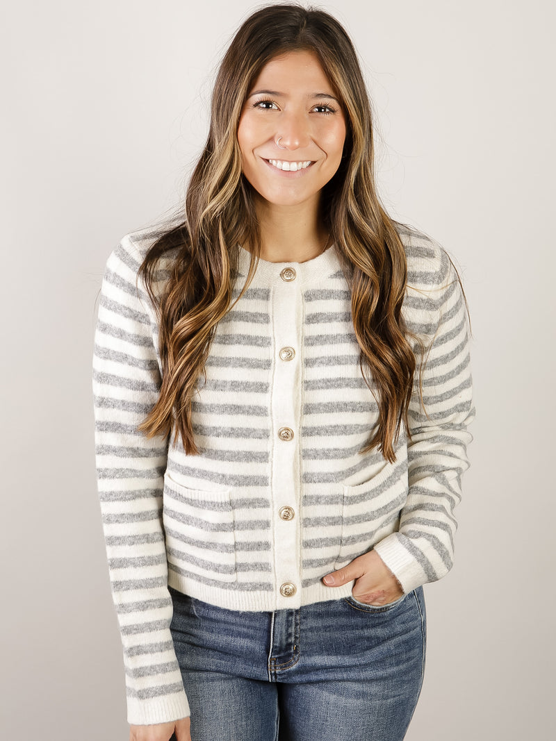 Heather Grey Striped Button Up Cardigan