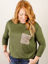 Olive 3/4 Sleeve Knit Top with Leopard Pocket