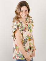 Beige Floral Pleated Sleeve Blouse