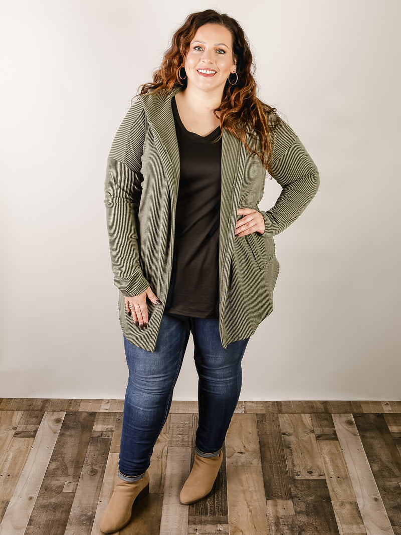 Curvy Olive Ribbed Open Hooded Cardigan