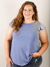 Curvy Blue with Floral Flutter Sleeve Top