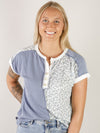 Blue Floral Color Block Henley Top