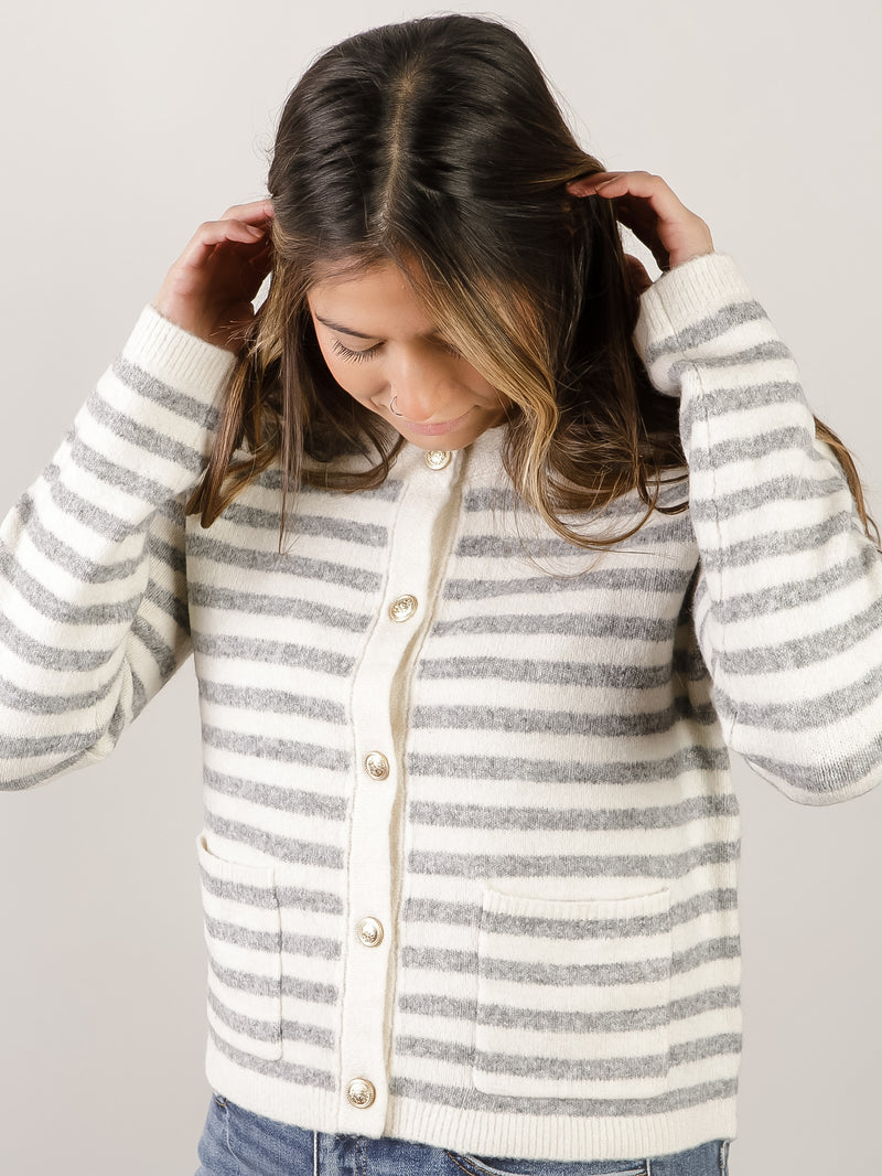 Heather Grey Striped Button Up Cardigan