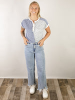 Blue Floral Color Block Henley Top