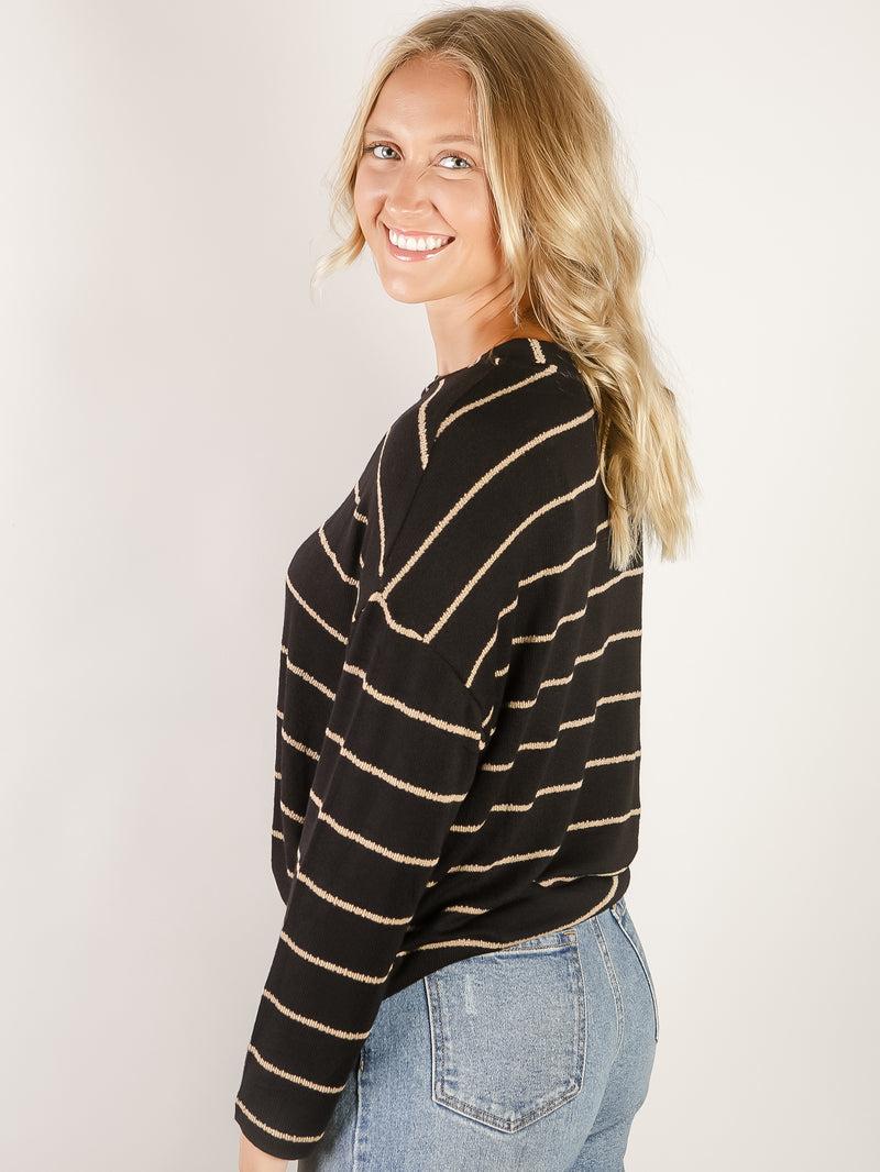 Black with Tan Stripe Knit Long Sleeve