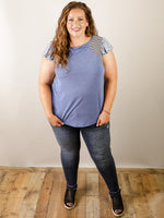 Curvy Blue with Floral Flutter Sleeve Top