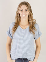 Light Blue Striped V-Neck Knit Top