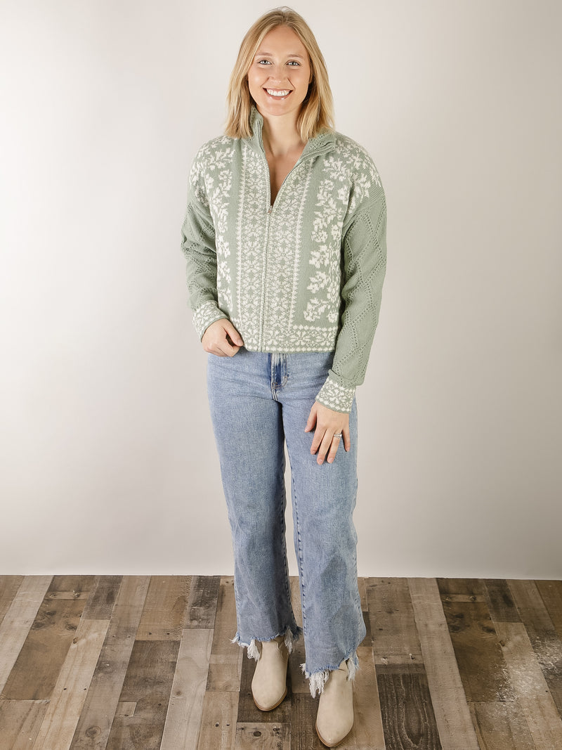 Sage Print Zip Up Sweater