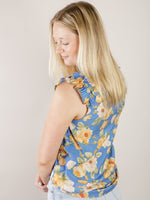 Blue and Yellow Floral Ruffled Sleeve Blouse
