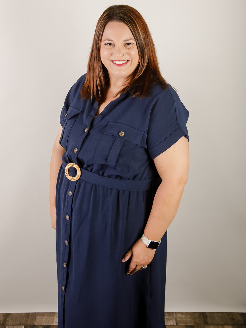 Curvy Navy Belted Shirt Dress