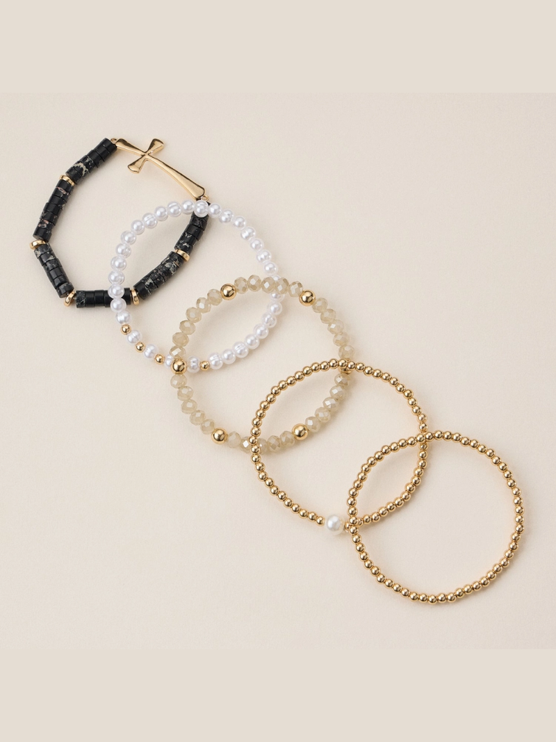 Faith & Cross & Pearl Stretch Bracelet Stack Set (Multiple Colors)