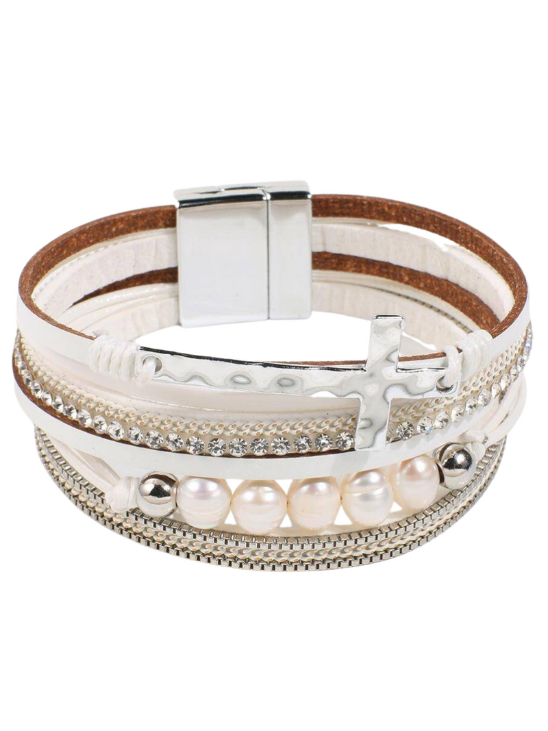 Boho Pearl Leather Wrap Bracelet With Magnetic Clasp (Online Exclusive)