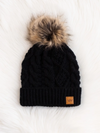 Black Cable Knit Hat with Natural Pom