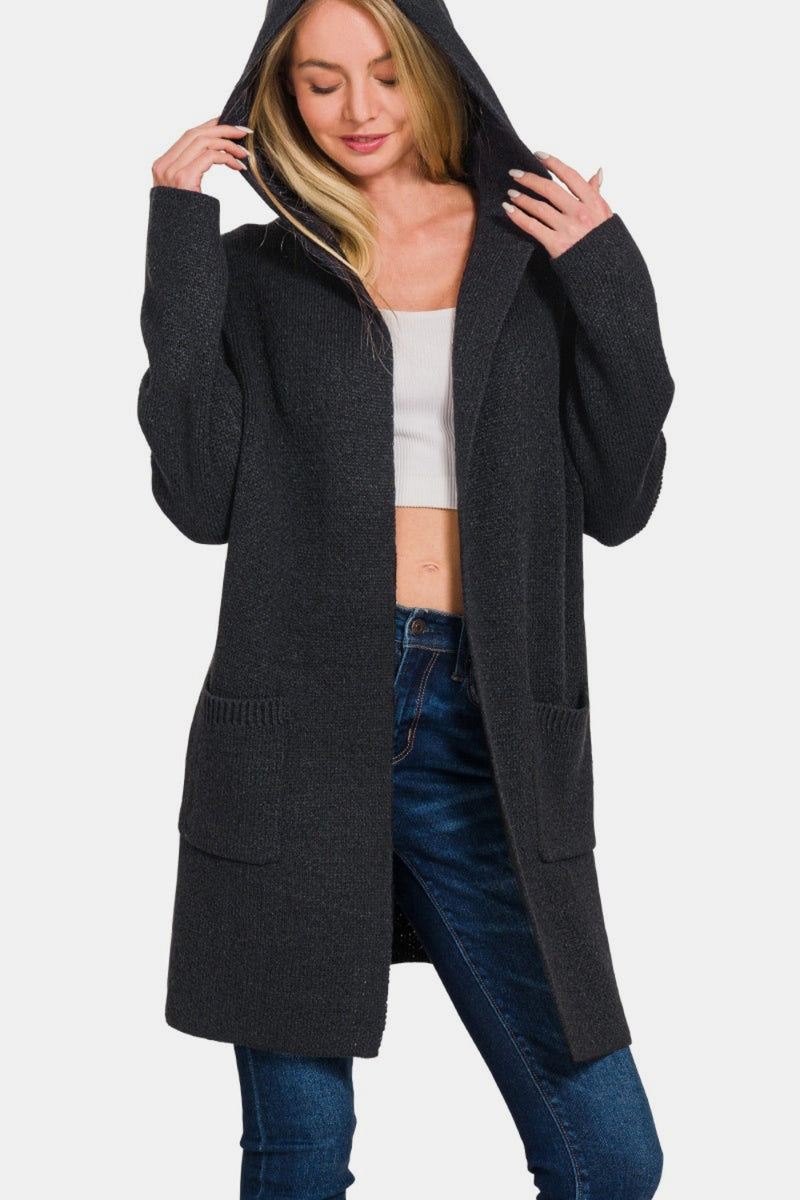 Black Hooded Open Front Sweater Cardigan (Online Exclusive)