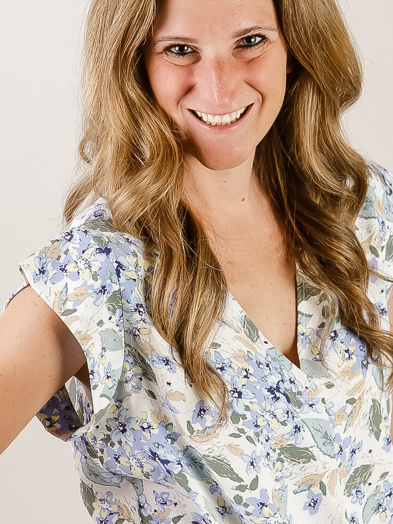 V-Neck Off White and Blue Floral Blouse