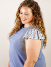 Curvy Blue with Floral Flutter Sleeve Top