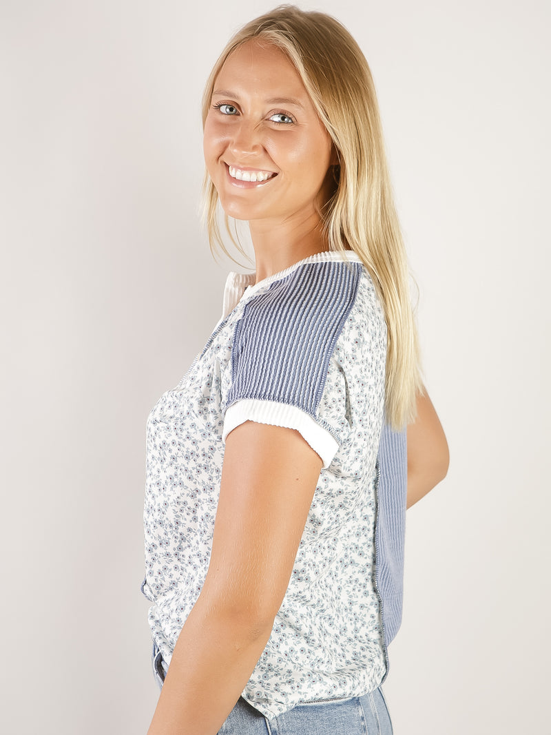 Blue Floral Color Block Henley Top