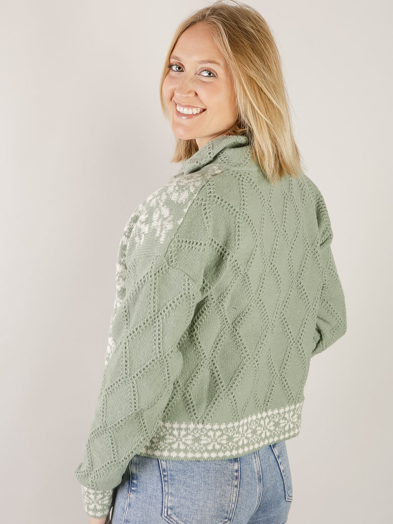 Sage Print Zip Up Sweater