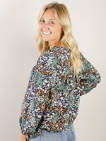 Navy Floral V-Neck Blouse