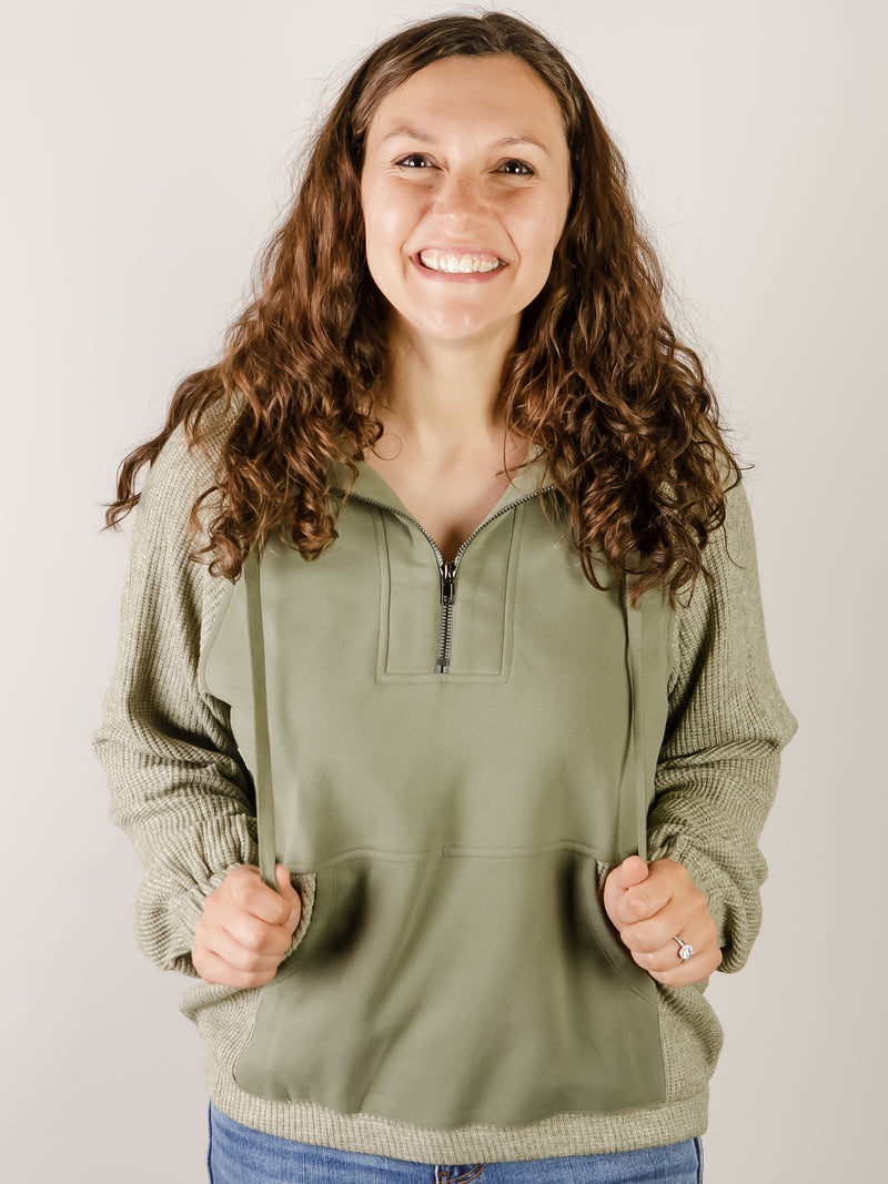 Sage Ribbed and Fleece Hooded Sweatshirt