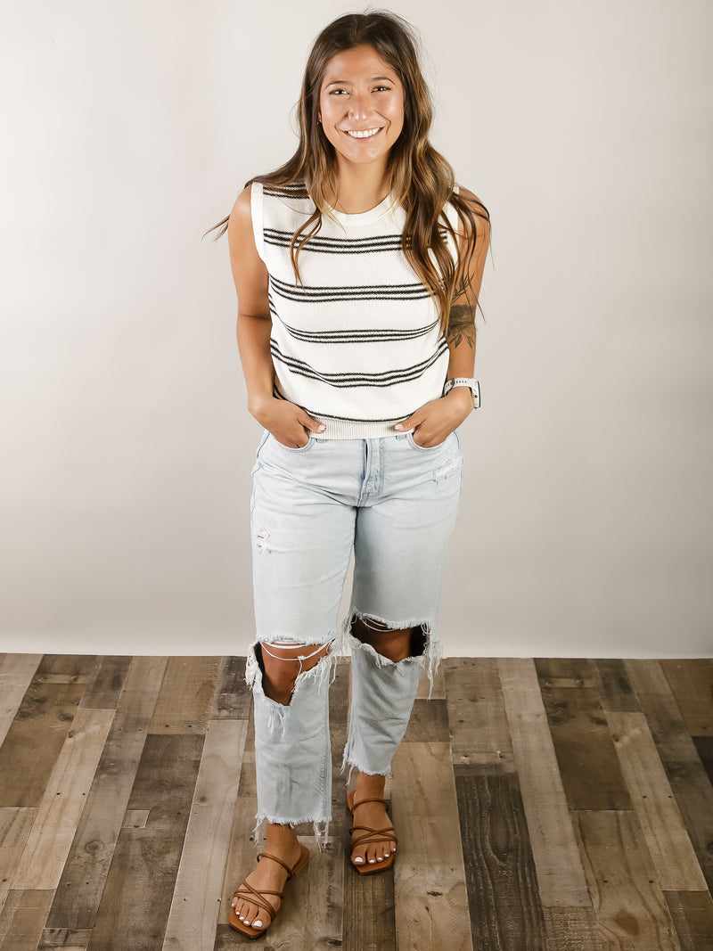 Cream and Black Striped Sleeveless Sweater