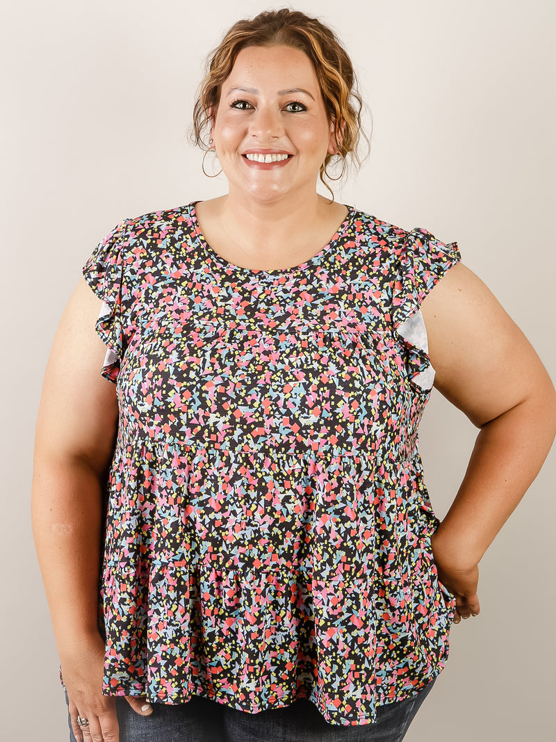 Curvy Black with Bright Geometric Print Tiered Top