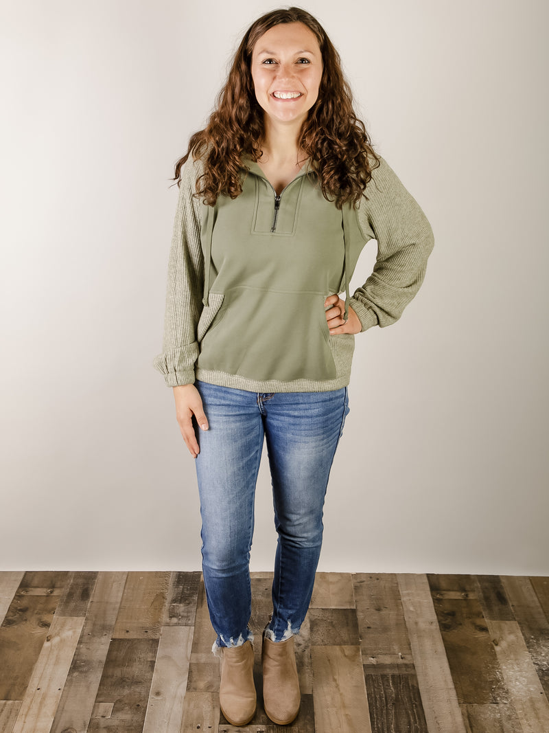 Sage Ribbed and Fleece Hooded Sweatshirt