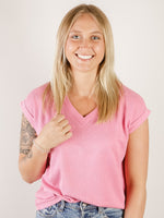 Hot Pink Thermal V-neck Short Sleeve