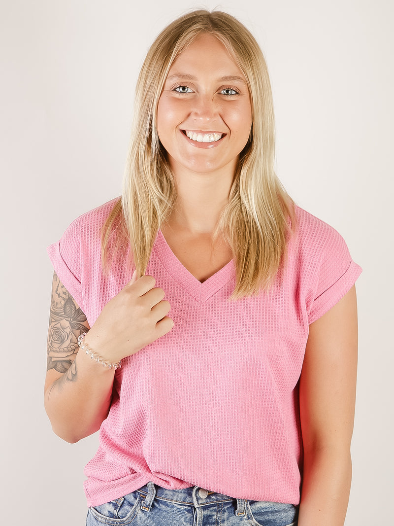 Hot Pink Thermal V-neck Short Sleeve