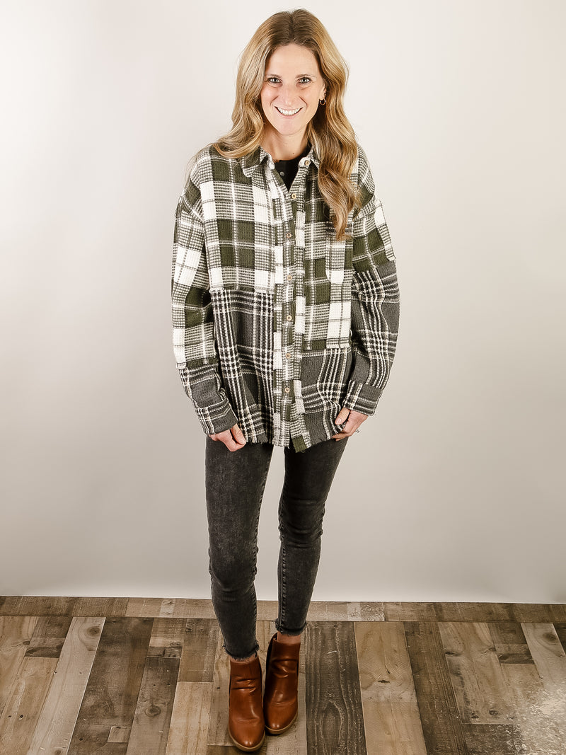 Ivory with Olive Mixed Plaid Shacket