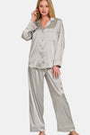 Silver Satin Long Sleeve Shirt and Pants Pajama Set (Online Exclusive)