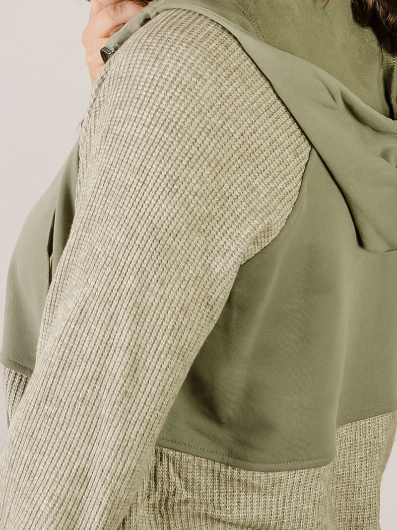 Sage Ribbed and Fleece Hooded Sweatshirt