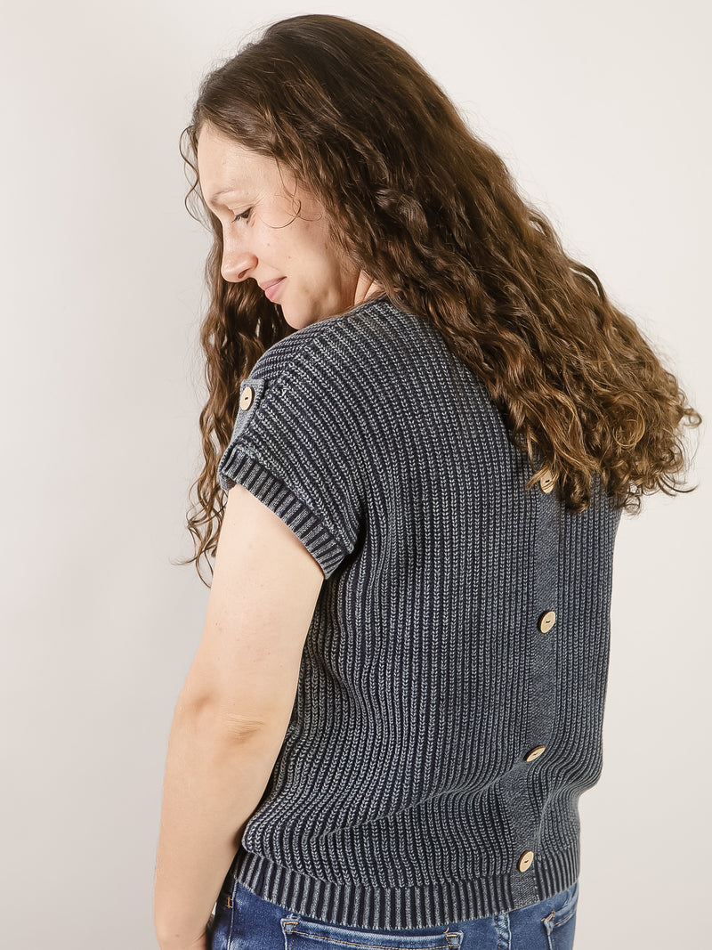 Navy Washed Short Sleeve Sweater