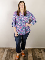 Curvy Navy Floral Wrinkle Free Top with Bell Sleeve