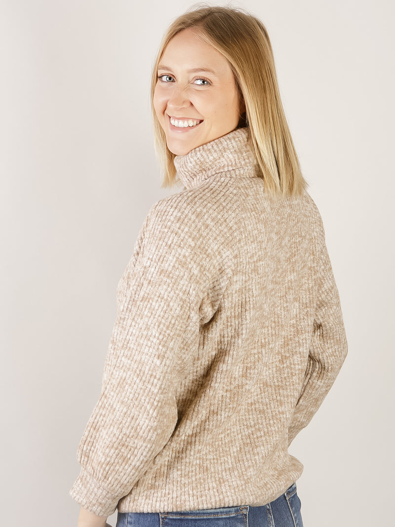 Beige Ribbed Turtleneck Top