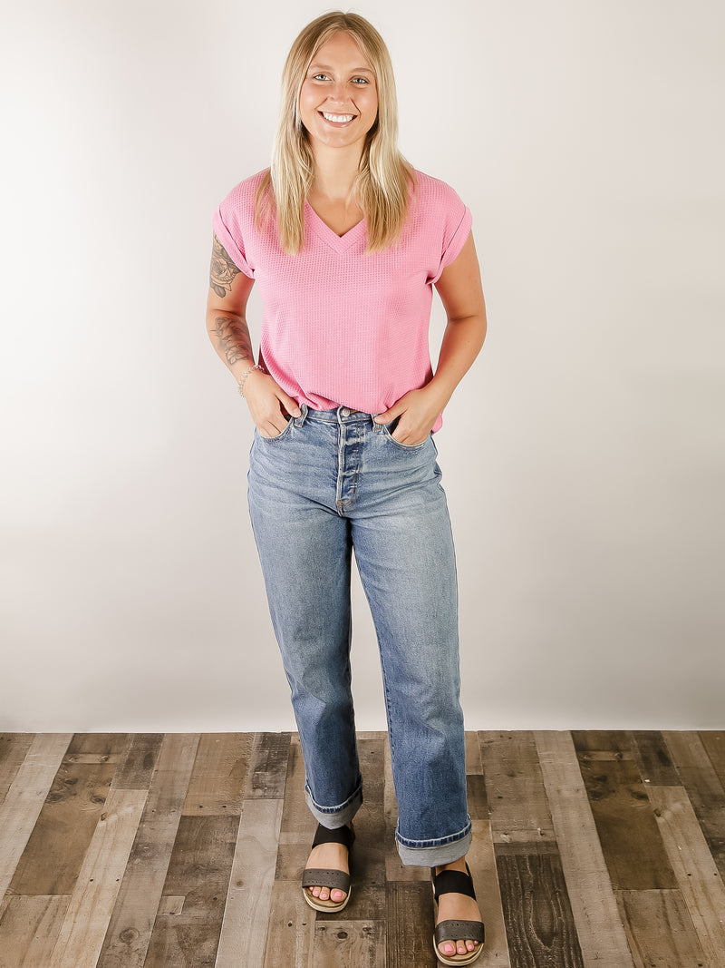 Hot Pink Thermal V-neck Short Sleeve