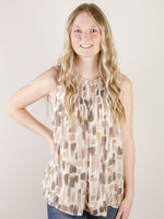 Sleeveless Taupe and Rose Print Blouse