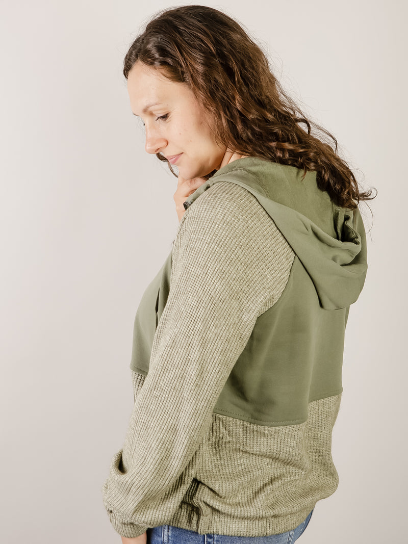 Sage Ribbed and Fleece Hooded Sweatshirt