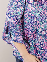 Curvy Navy Floral Wrinkle Free Top with Bell Sleeve