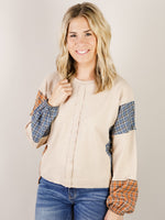 Taupe Pullover with Mixed Plaid Sleeve