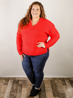 Curvy Red V-Neck Thick Sweater