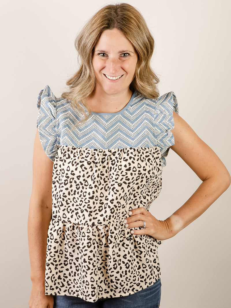 Cheetah Print Top with Blue Embroidery