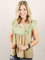 Lime and Coral Ruffle Print Blouse