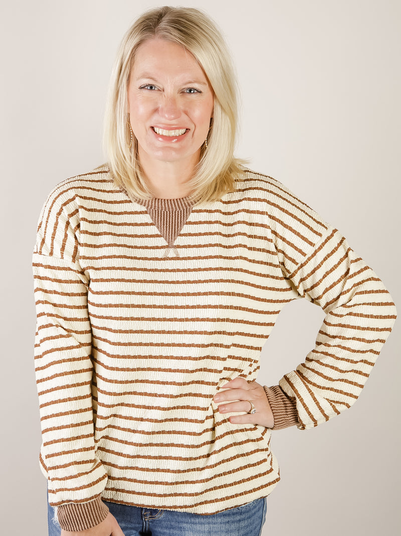 Cream and Tan Striped Textured Crewneck Top