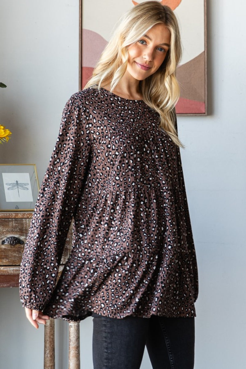 Mocha Leopard Long Sleeve Tiered Blouse (Online Exclusive)