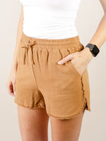 Camel Frayed Hem Mini Shorts