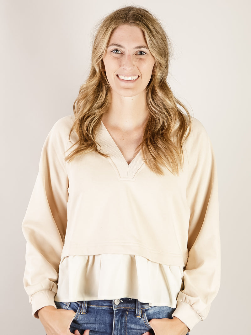 Layered Ruffled Botton Beige Sweatshirt