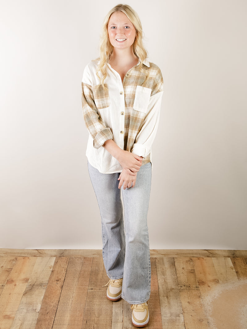 Ivory Corduroy and Plaid Shacket