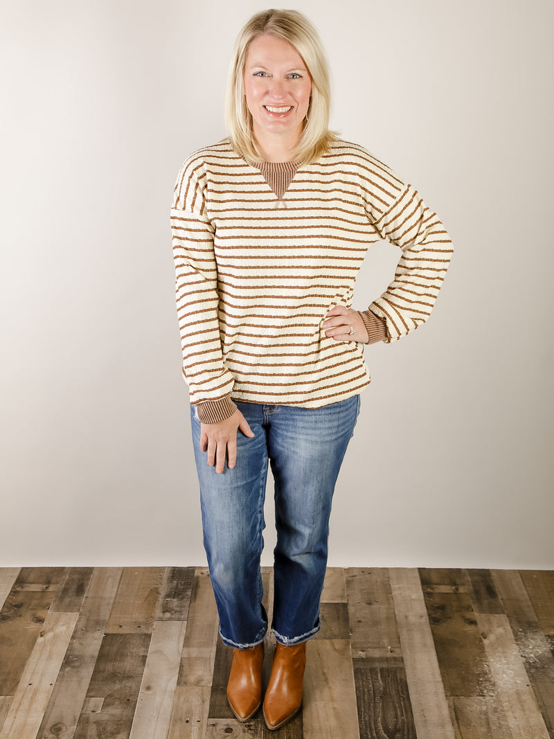 Cream and Tan Striped Textured Crewneck Top